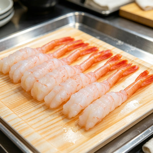 Arctic sweet shrimp arranged on a bamboo tray (1)