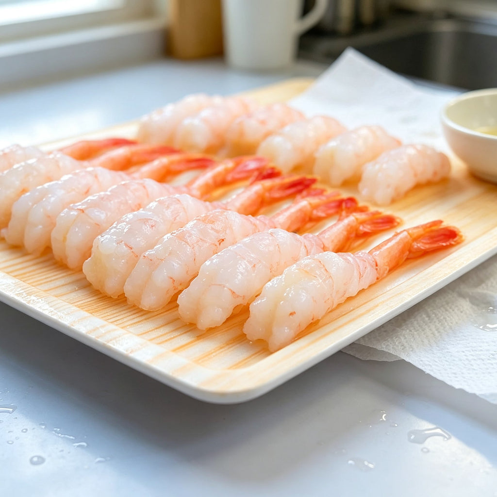 Arctic sweet shrimp arranged on a bamboo tray (3)