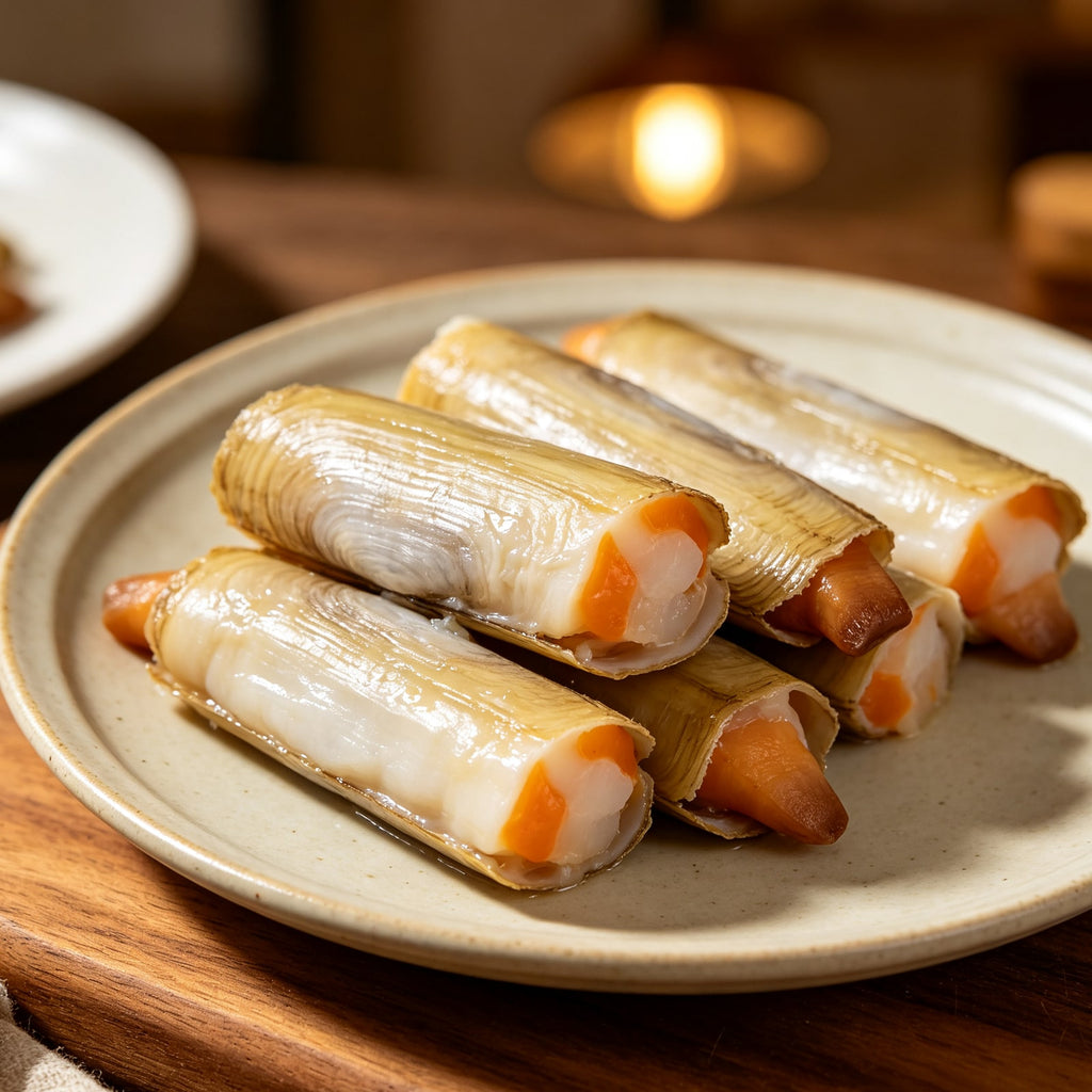 Fresh razor clams on a ceramic plate (1)