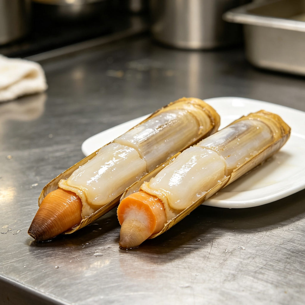 Fresh razor clams on a ceramic plate (2)