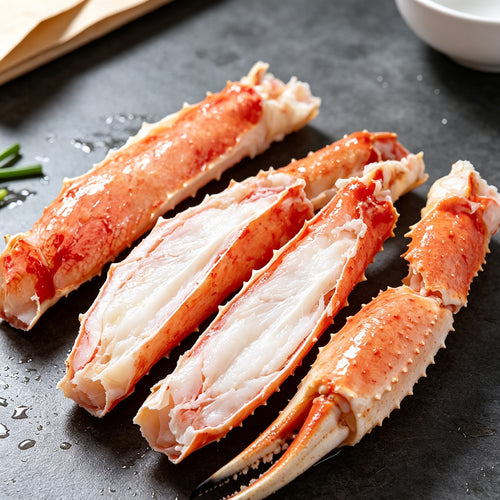 Jumbo king crab legs split to show white meat (1)