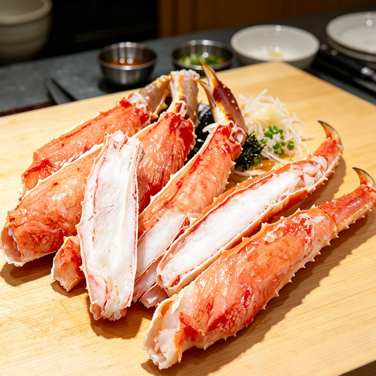 Jumbo king crab legs split to show white meat (2)
