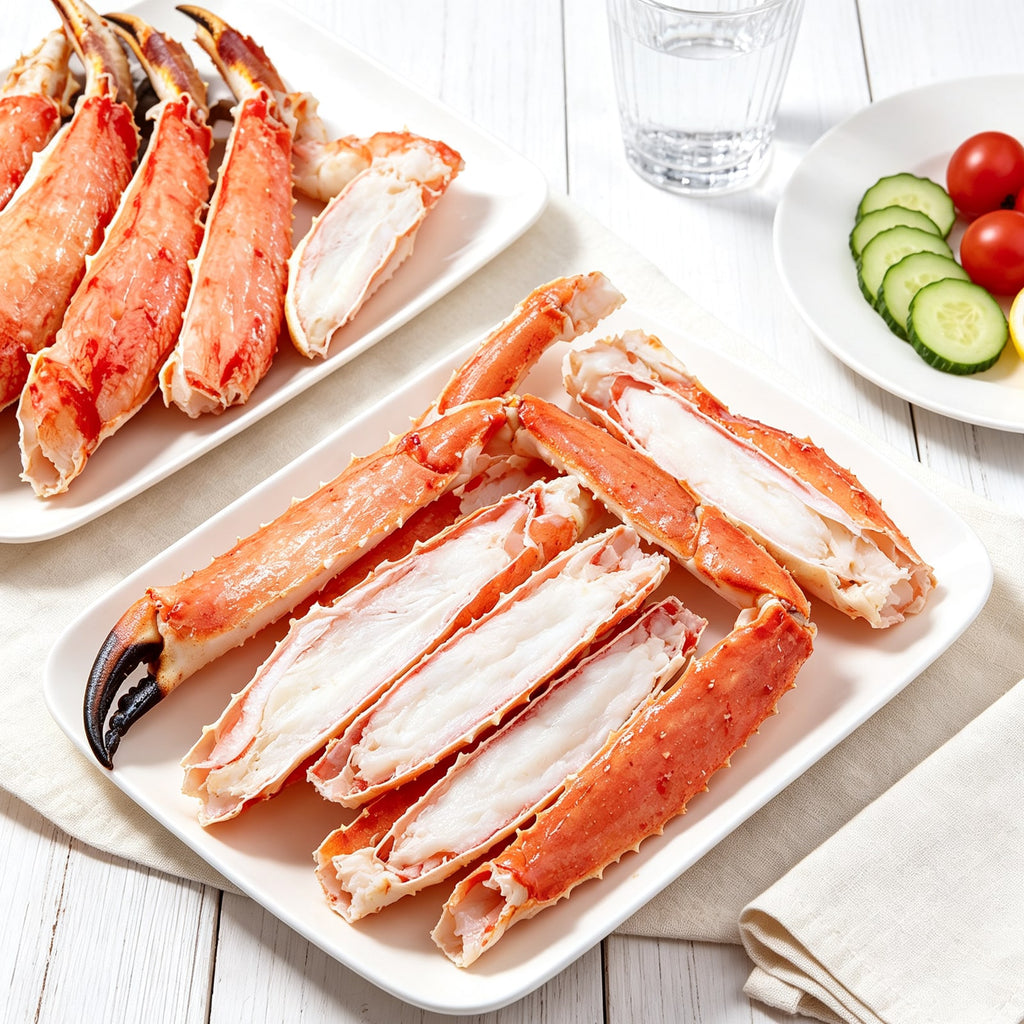 Jumbo king crab legs split to show white meat (3)