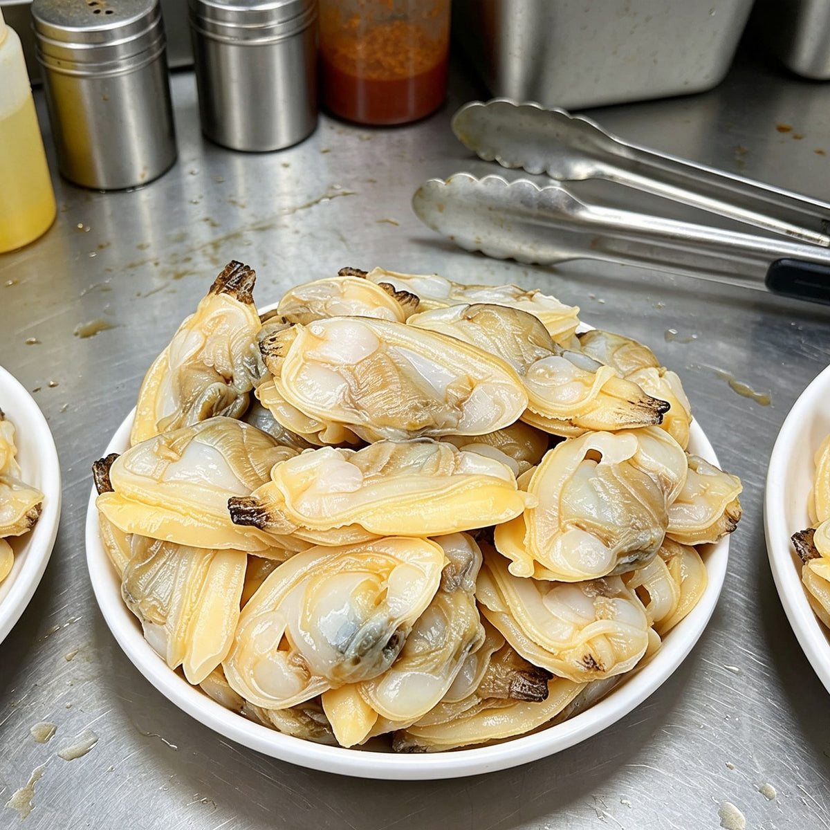 Fresh clams piled on a white plate (2)