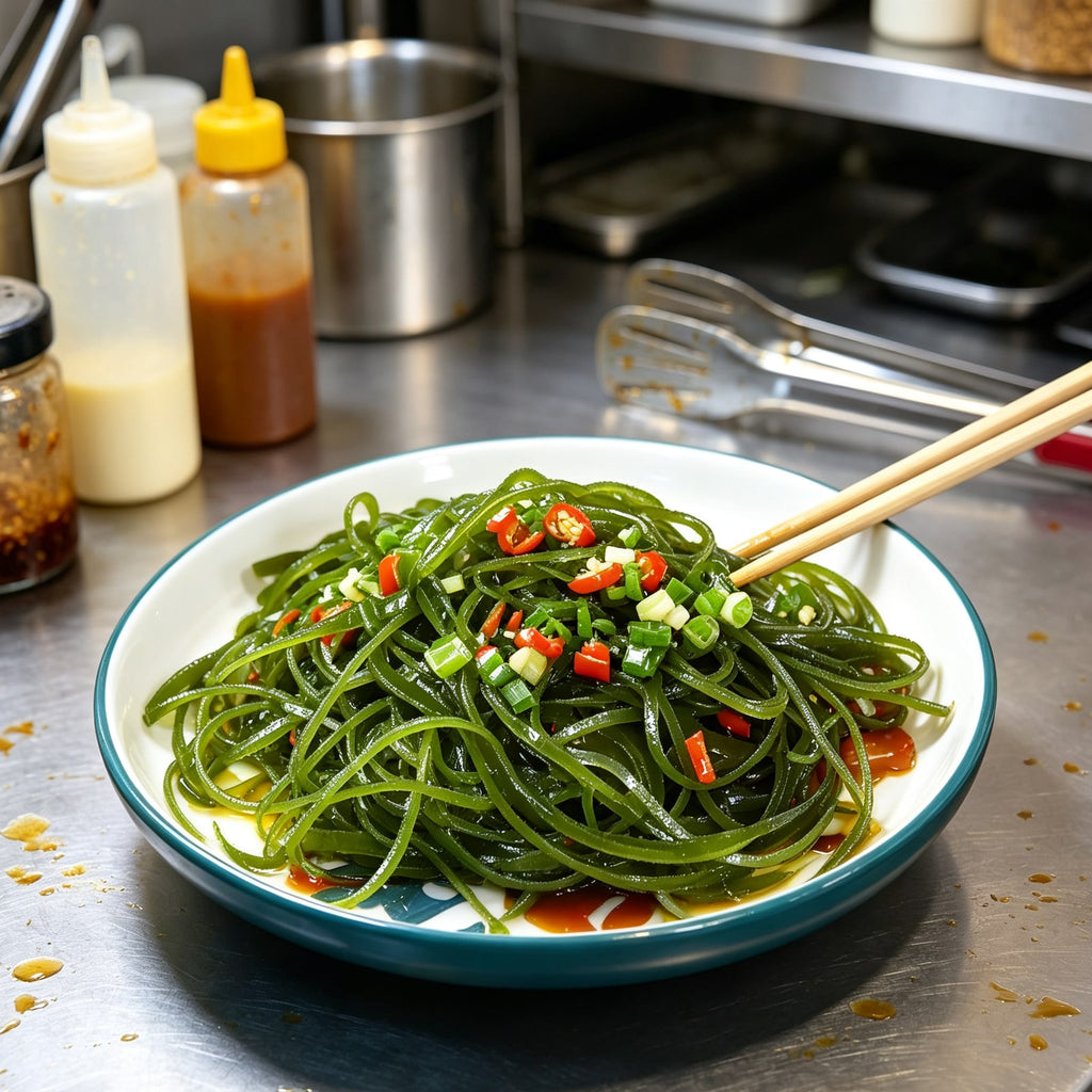 Green kelp noodles in a bowl with chilli and spring onion (1)