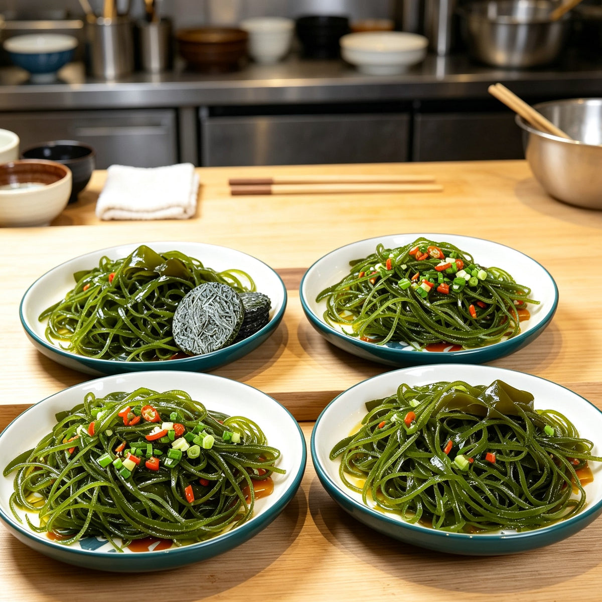 Green kelp noodles in a bowl with chilli and spring onion (3)