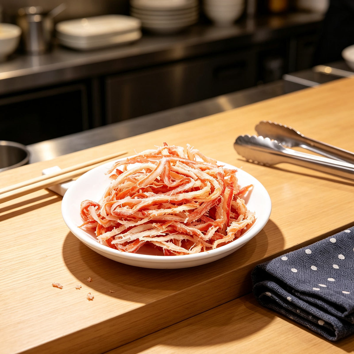Shredded dried squid in a white bowl (1)