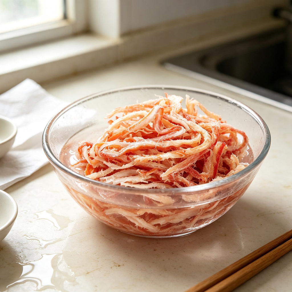 Shredded dried squid in a white bowl (3)
