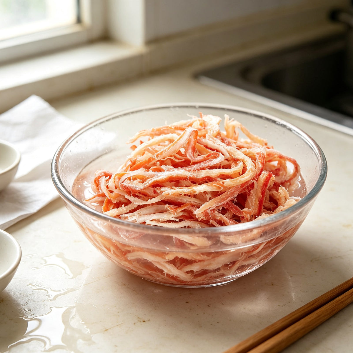 Shredded dried squid in a white bowl (3)